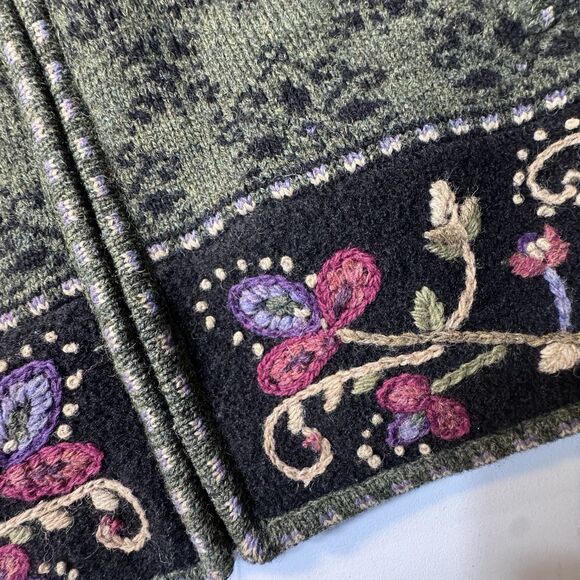 Icelandic Design Embroidered Wool Jacket Coat Womens L Green Floral Sweater Zip - Picture 4 of 13